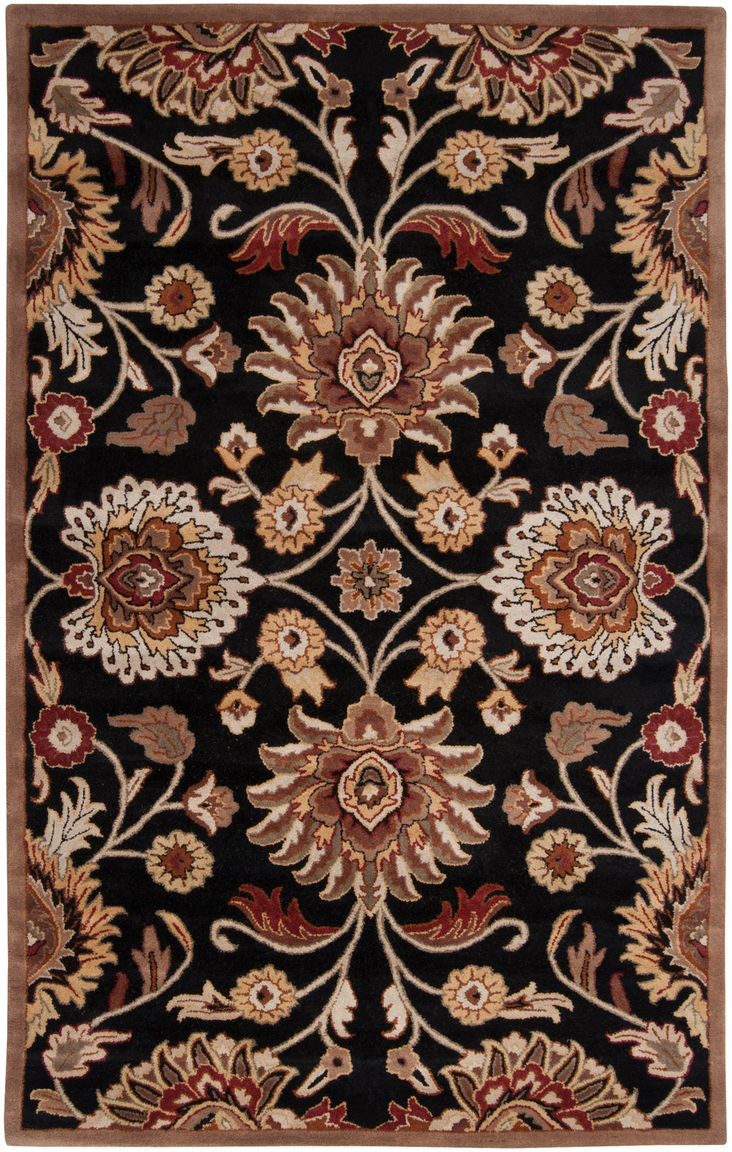 Mediterranean Ink hand-tufted wool rug with floral patterns on a black background.