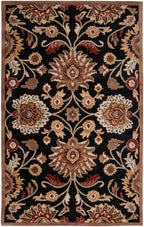 Mediterranean Ink hand-tufted wool rug with floral patterns on a black background.