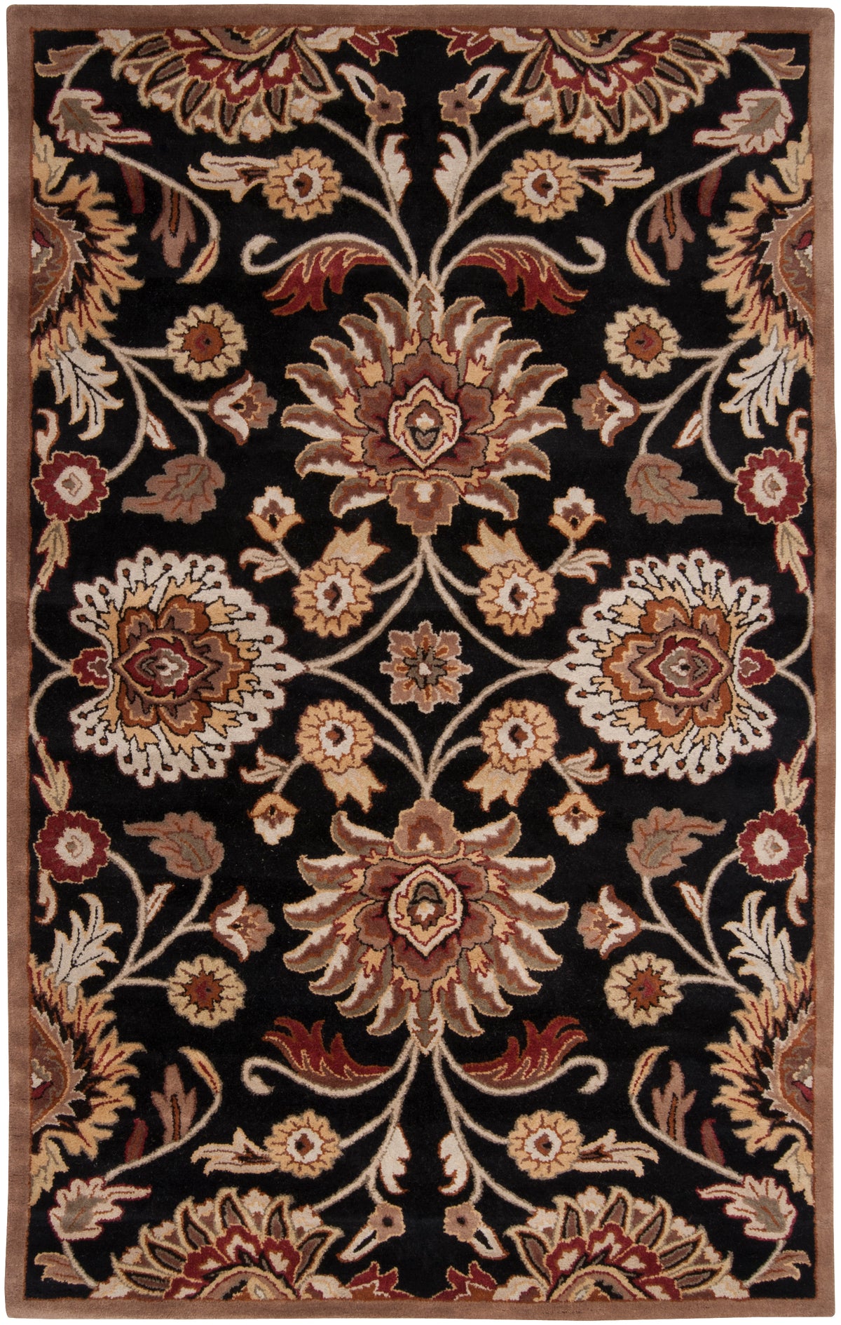 Mediterranean Ink hand-tufted wool rug with floral patterns on a black background.