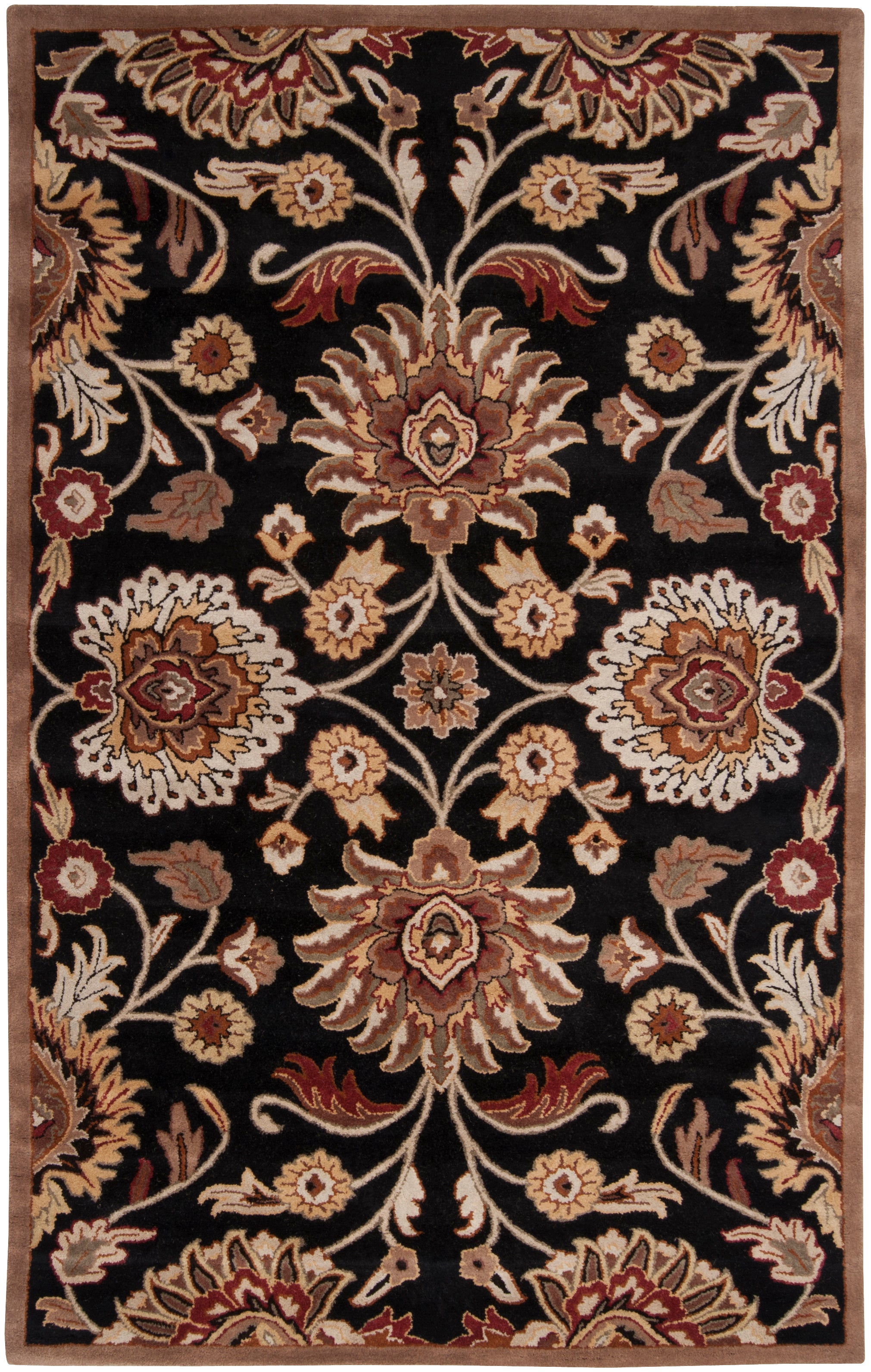 Mediterranean Ink hand-tufted wool rug with floral patterns on a black background.