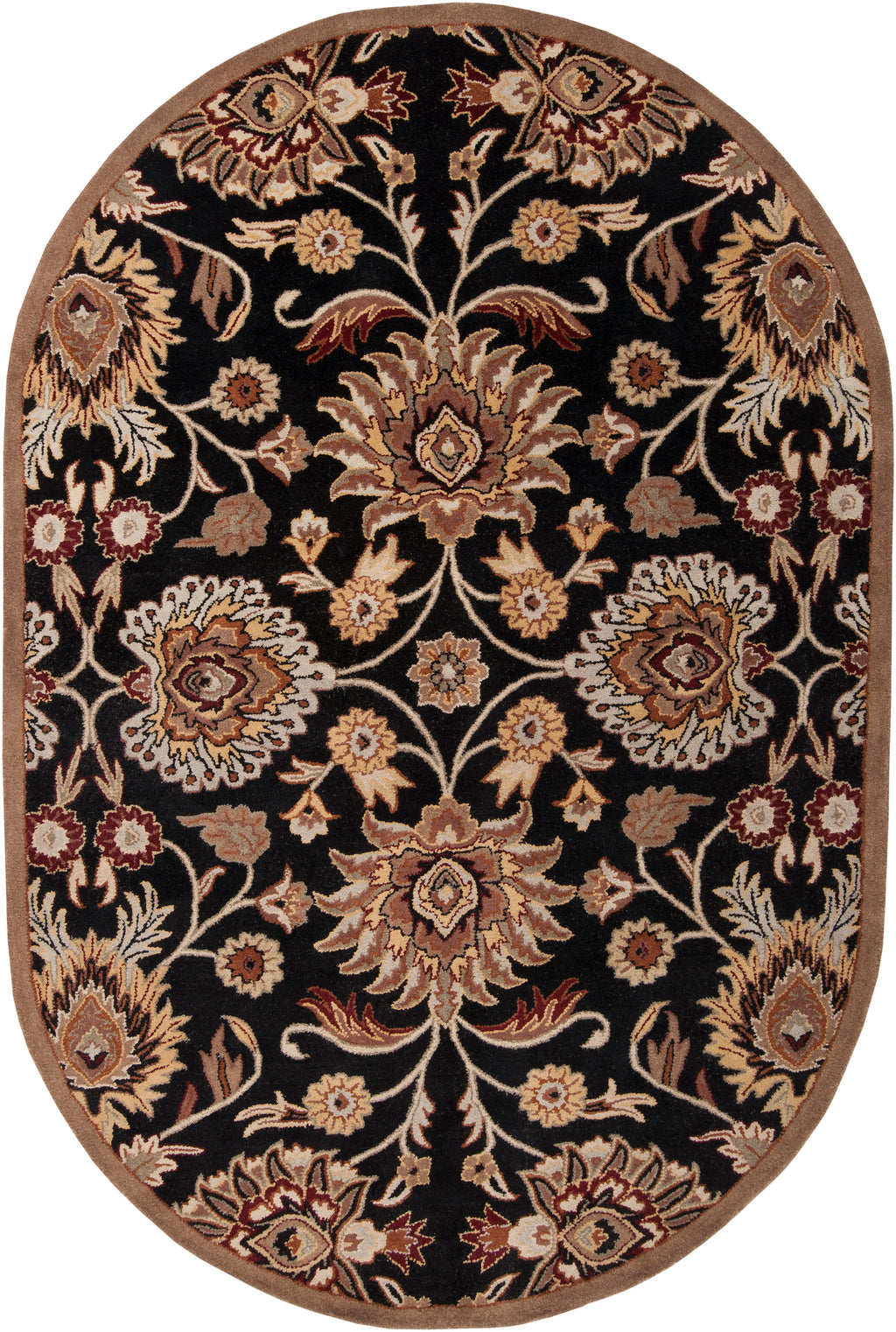 Oval Mediterranean Ink hand-tufted wool rug with floral patterns on a black background.