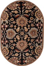 Oval Mediterranean Ink hand-tufted wool rug with floral patterns on a black background.