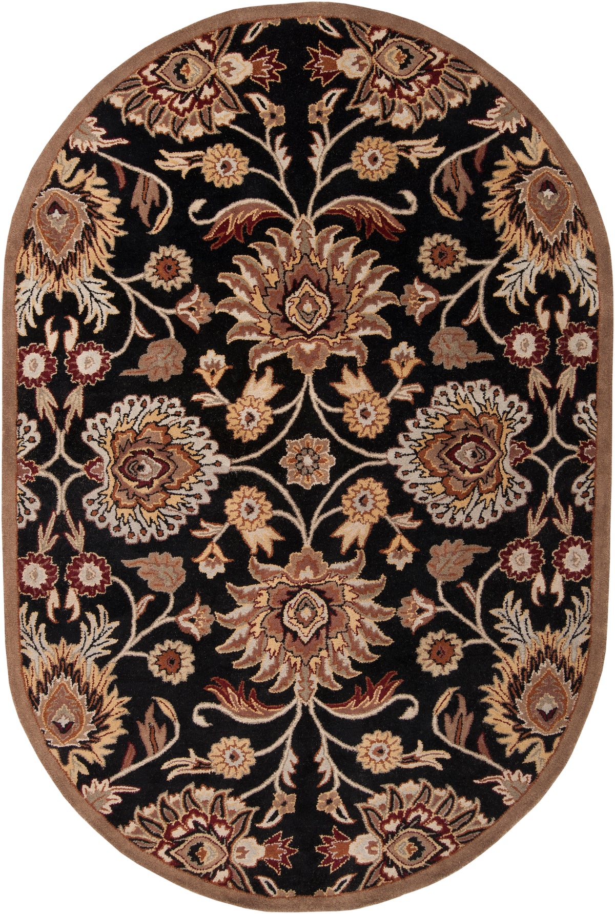 Oval Mediterranean Ink hand-tufted wool rug with floral patterns on a black background.