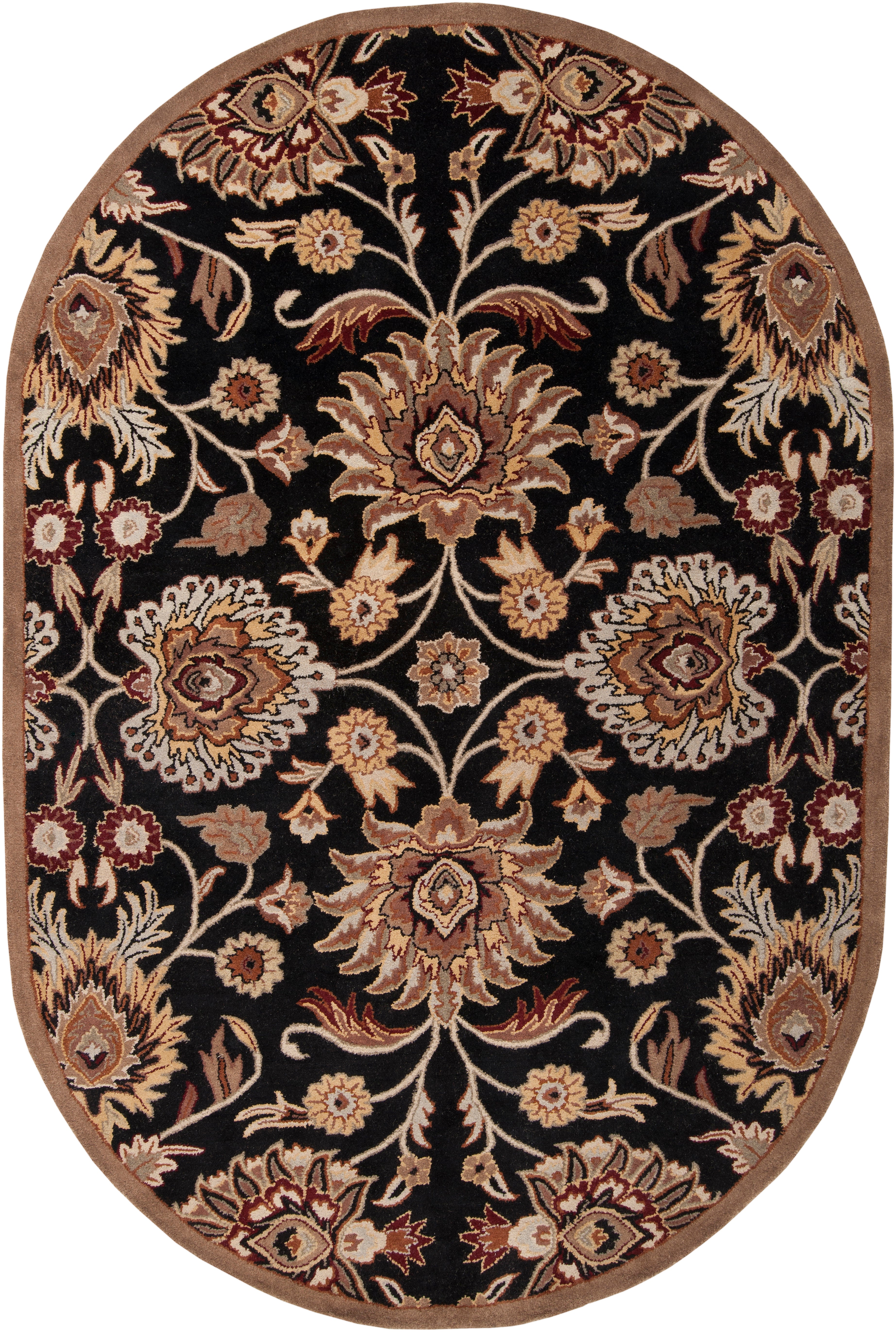 Oval Mediterranean Ink hand-tufted wool rug with floral patterns on a black background.