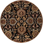 Round Mediterranean Ink hand-tufted wool rug with floral patterns on a black background.