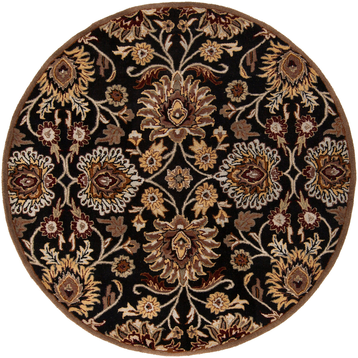 Round Mediterranean Ink hand-tufted wool rug with floral patterns on a black background.