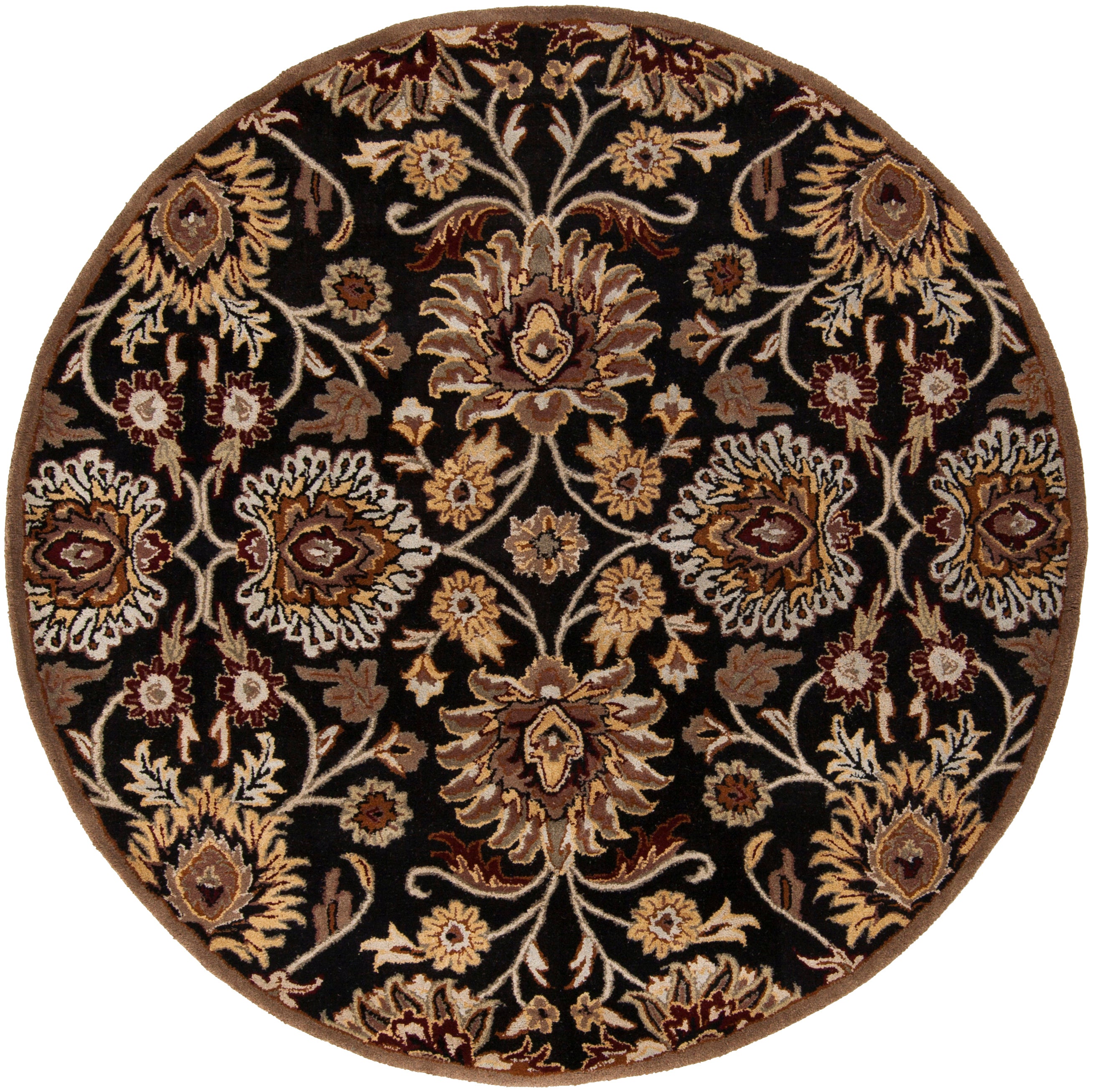 Round Mediterranean Ink hand-tufted wool rug with floral patterns on a black background.