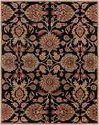 Mediterranean Ink hand-tufted wool rug with floral patterns in beige and red on a black background.