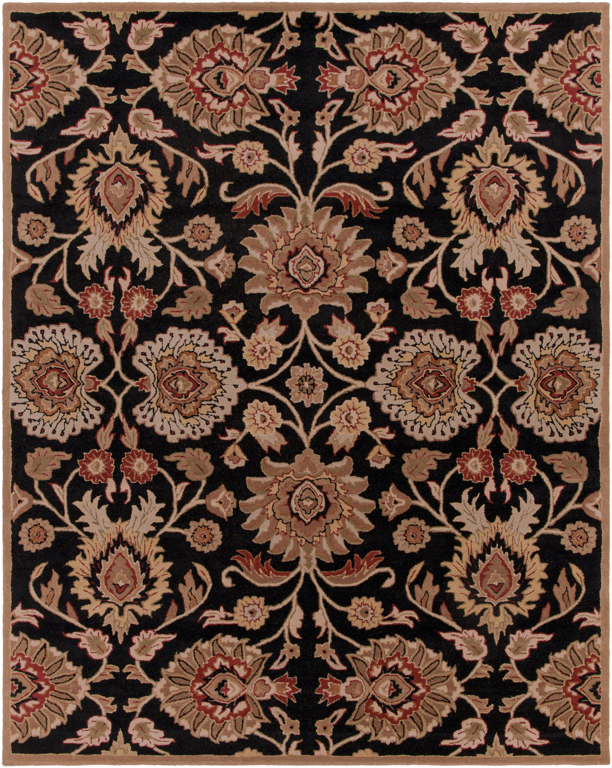 Mediterranean Ink hand-tufted wool rug with floral patterns in beige and red on a black background.