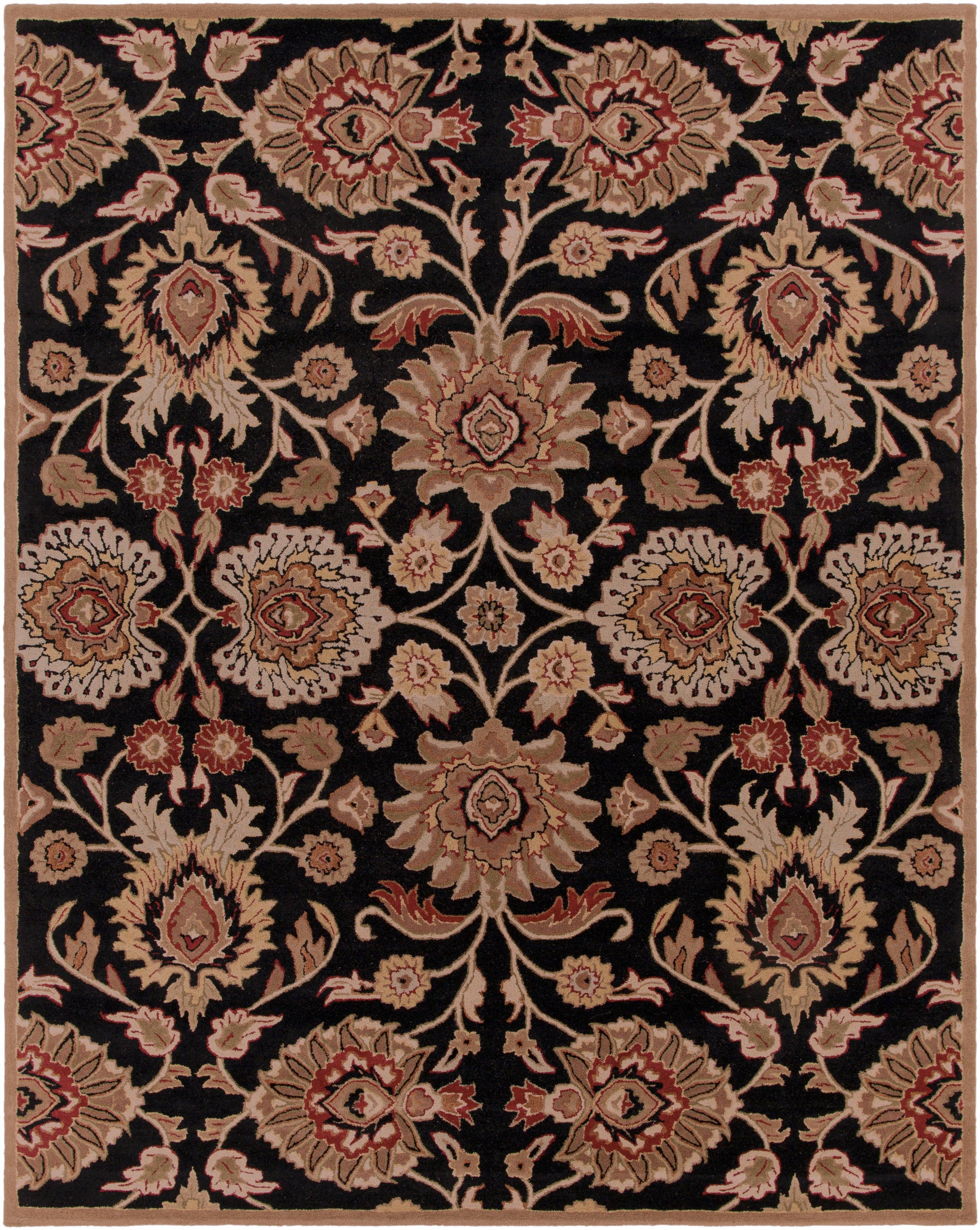 Mediterranean Ink hand-tufted wool rug with floral patterns in beige and red on a black background.