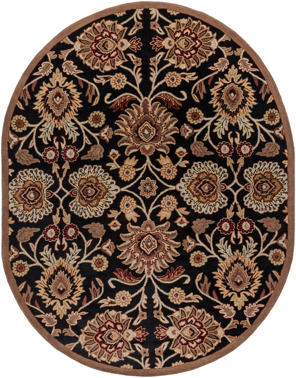 Oval Mediterranean Ink hand-tufted wool rug with floral patterns on a black background.