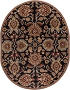 Oval Mediterranean Ink hand-tufted wool rug with floral patterns on a black background.