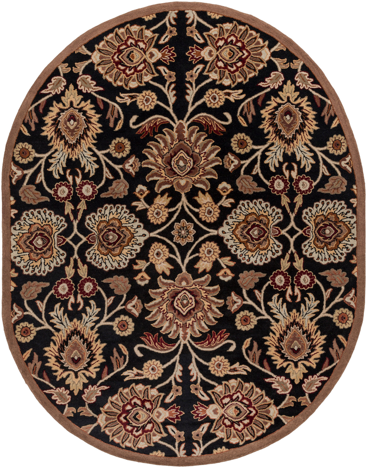Oval Mediterranean Ink hand-tufted wool rug with floral patterns on a black background.