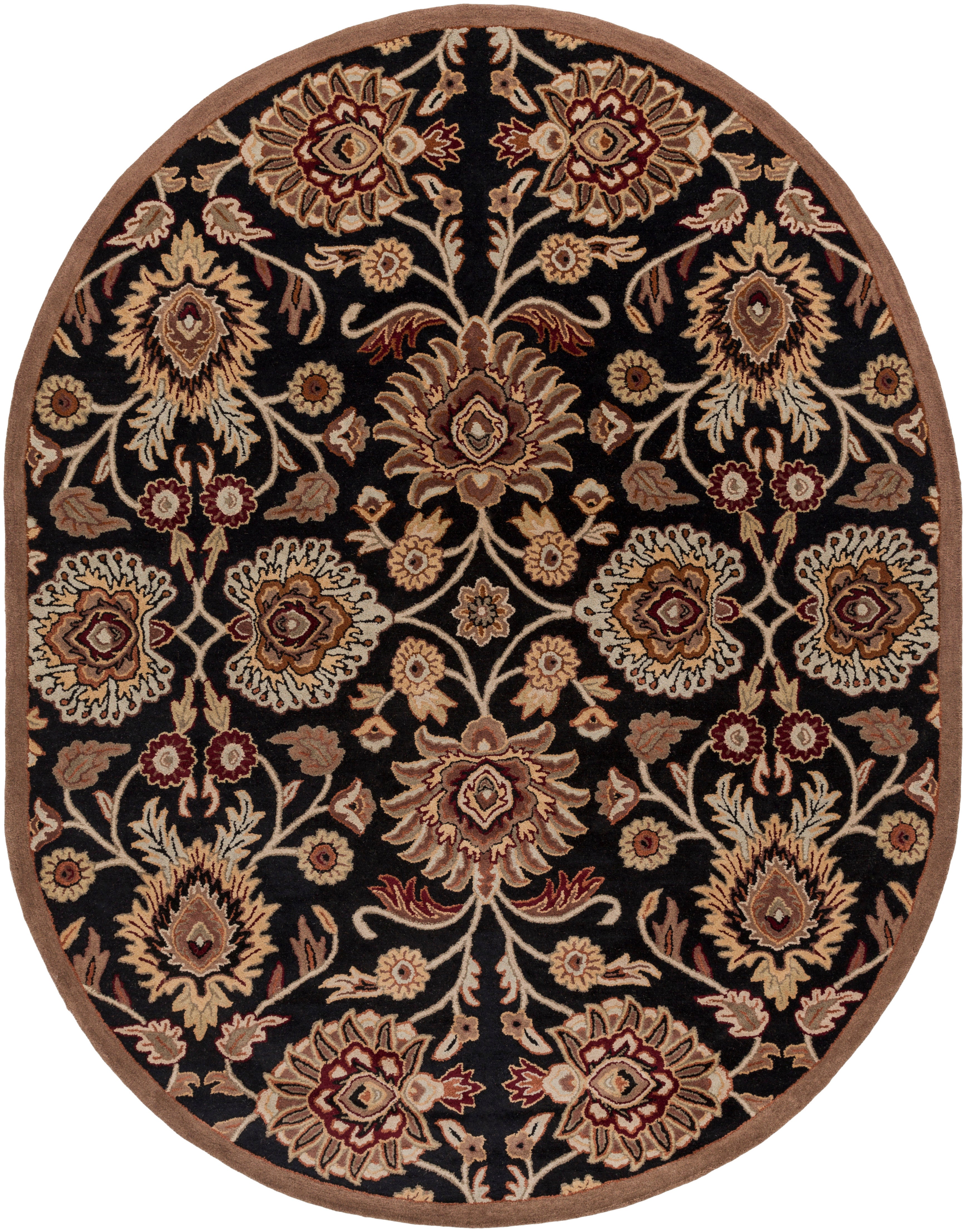 Oval Mediterranean Ink hand-tufted wool rug with floral patterns on a black background.