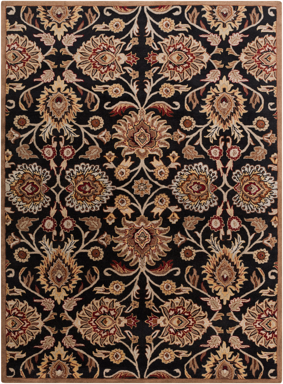 Mediterranean Ink hand-tufted wool rug with beige and red floral patterns on a black background.