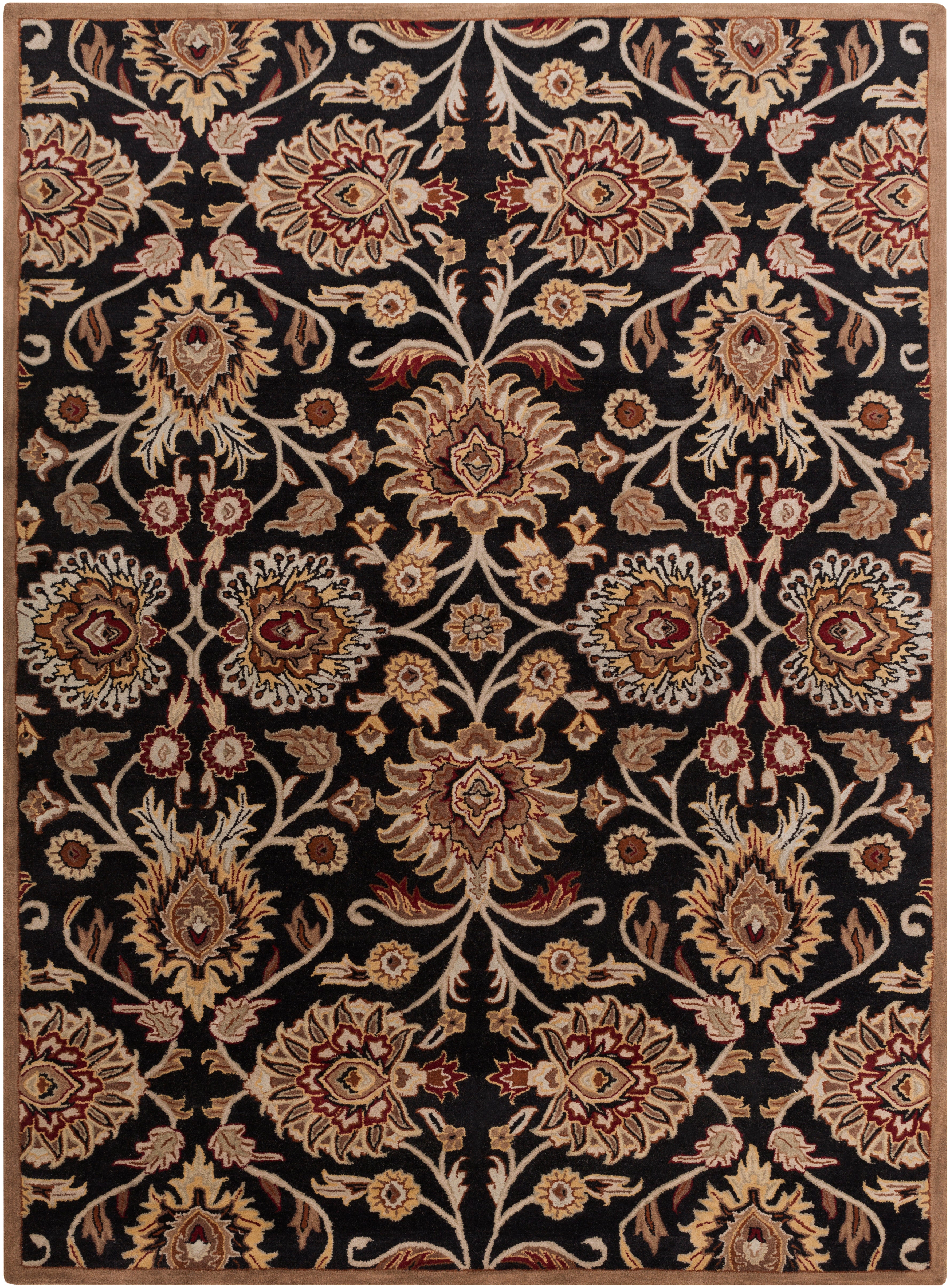 Mediterranean Ink hand-tufted wool rug with beige and red floral patterns on a black background.