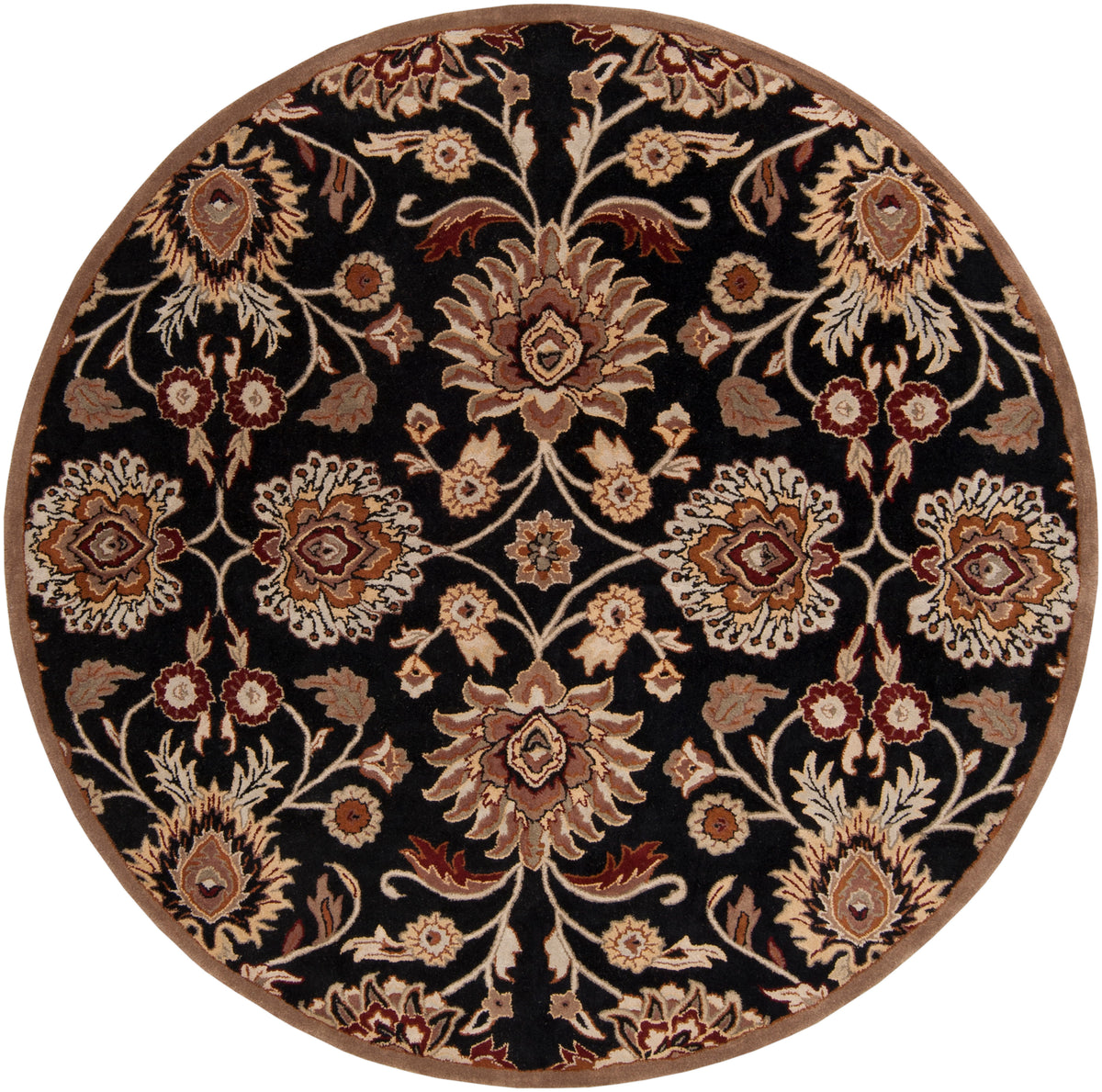 Round Mediterranean Ink hand-tufted wool rug with floral patterns on a black background.