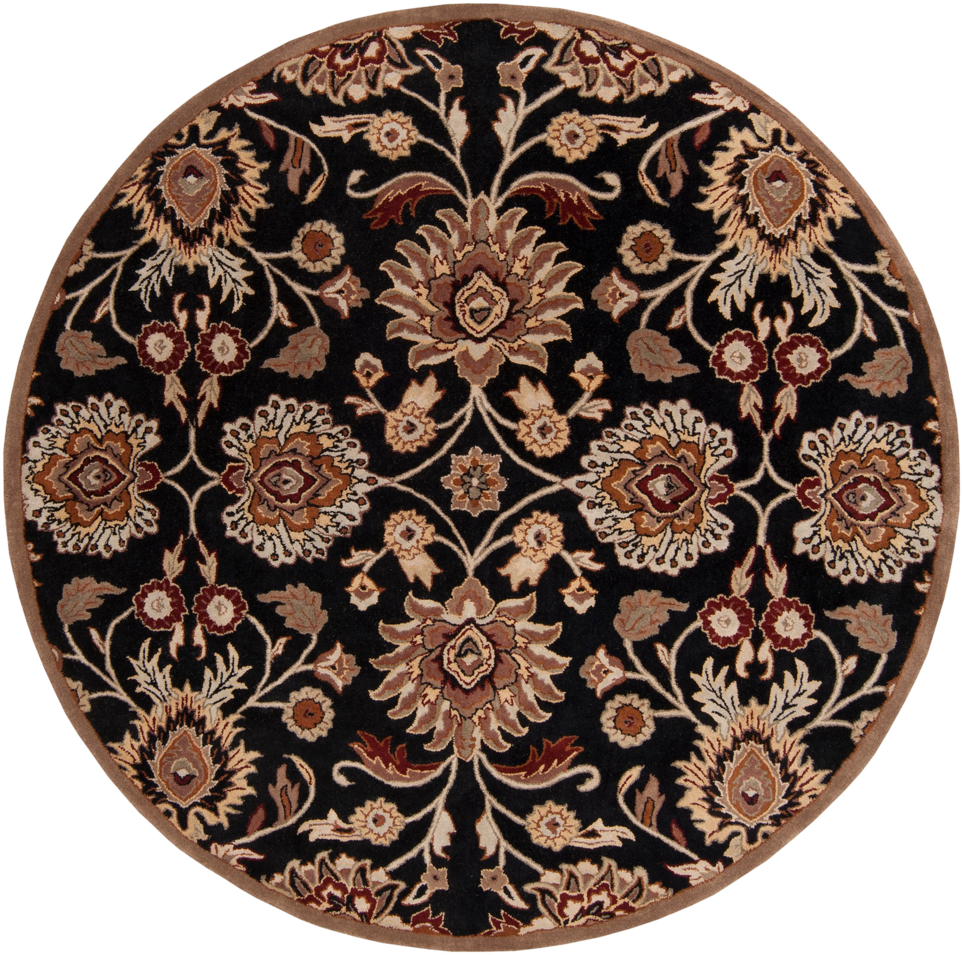 Round Mediterranean Ink hand-tufted wool rug with floral patterns on a black background.