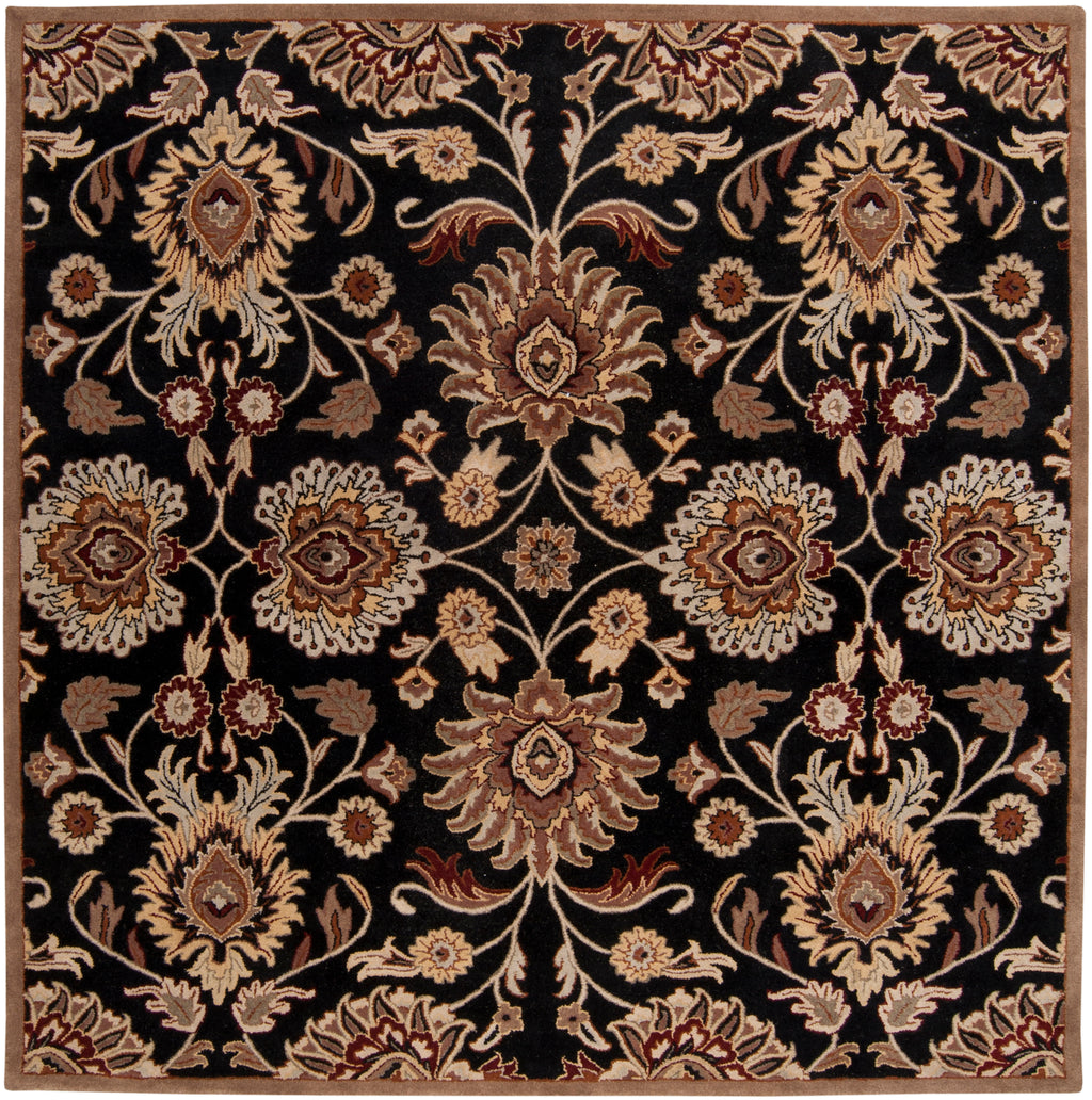 Mediterranean Ink hand-tufted wool rug with ornate beige and brown floral patterns on a black background.