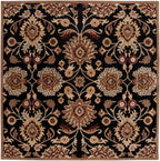 Mediterranean Ink hand-tufted wool rug with ornate beige and brown floral patterns on a black background.