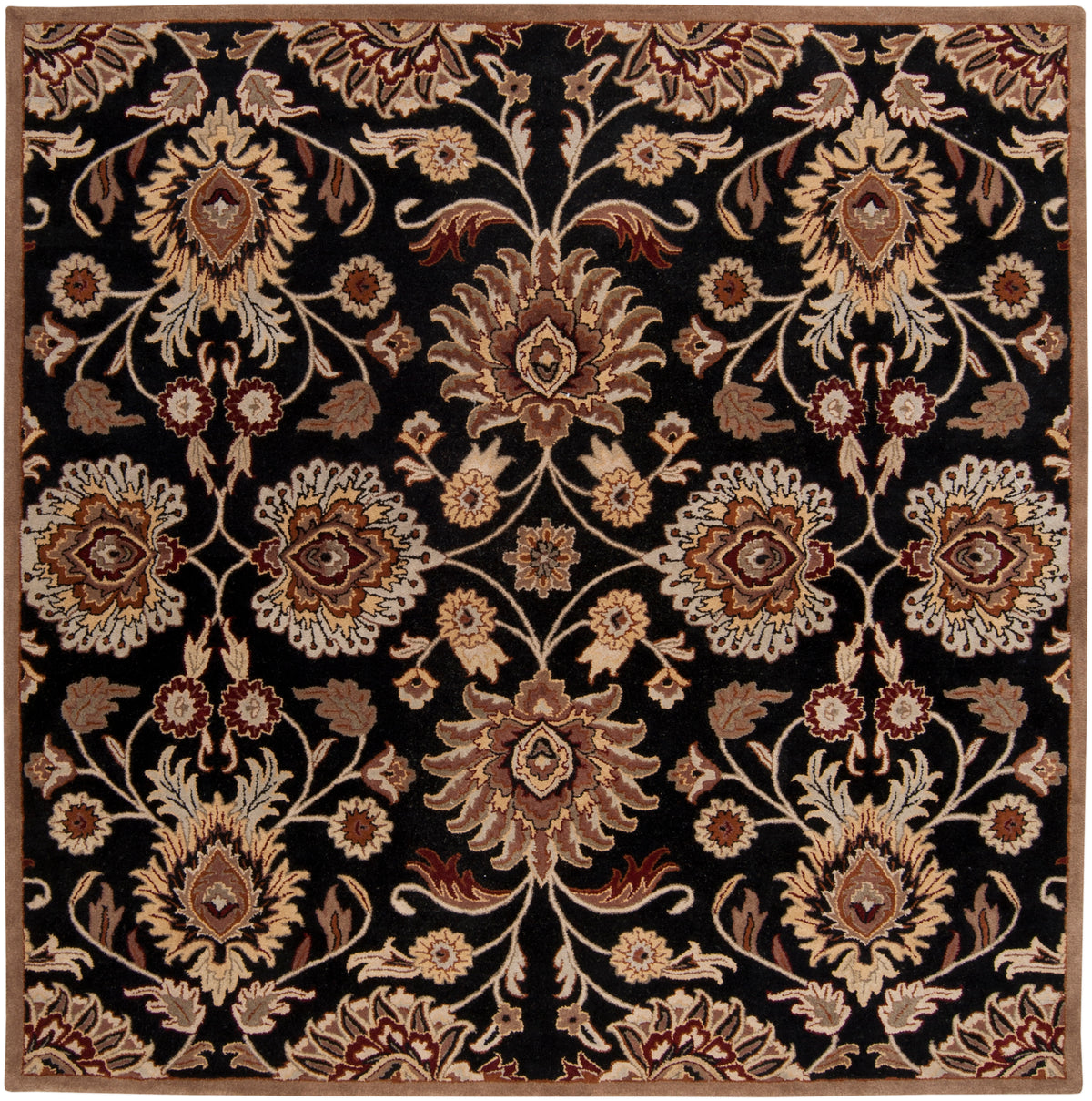 Mediterranean Ink hand-tufted wool rug with ornate beige and brown floral patterns on a black background.