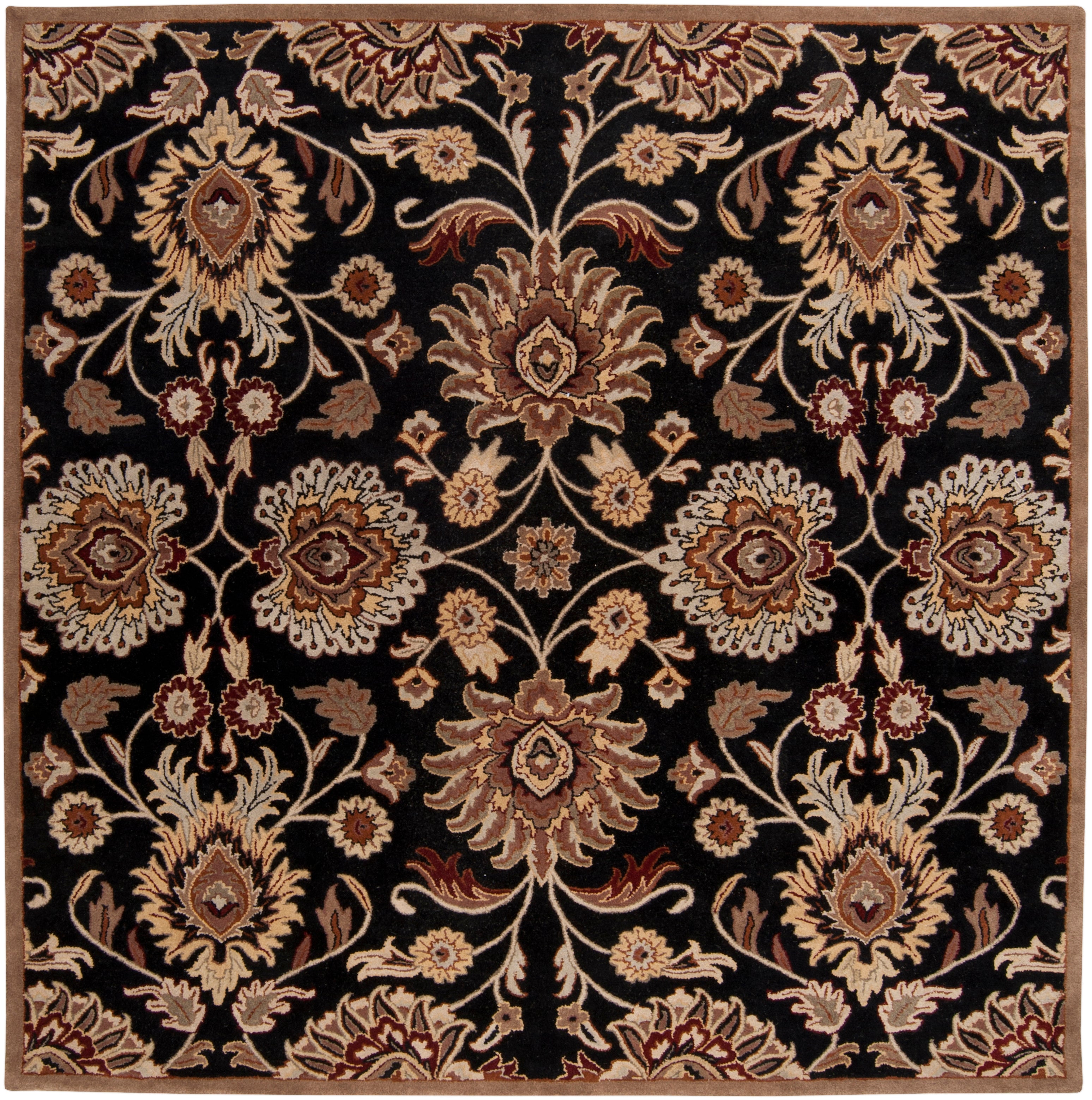 Mediterranean Ink hand-tufted wool rug with ornate beige and brown floral patterns on a black background.