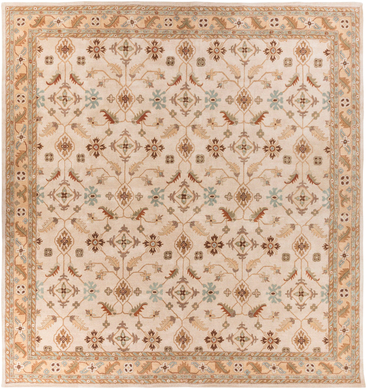 Carthage Beige hand-tufted wool rug with a traditional floral pattern and border.