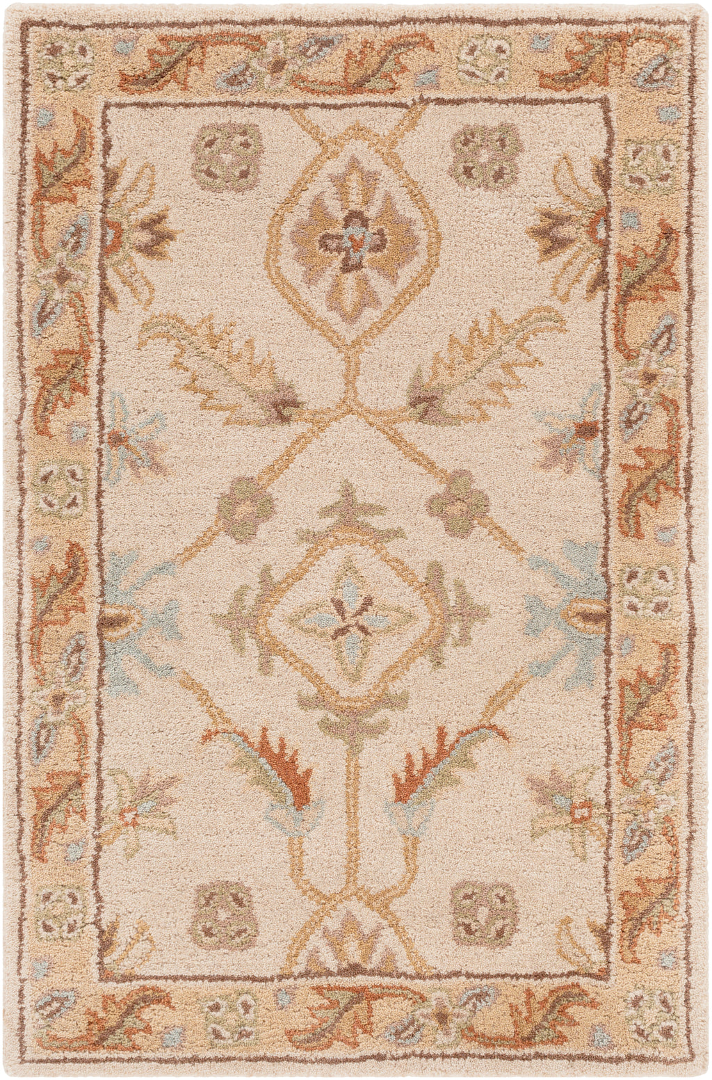 Carthage Beige hand-tufted wool rug with traditional floral patterns and neutral tones.