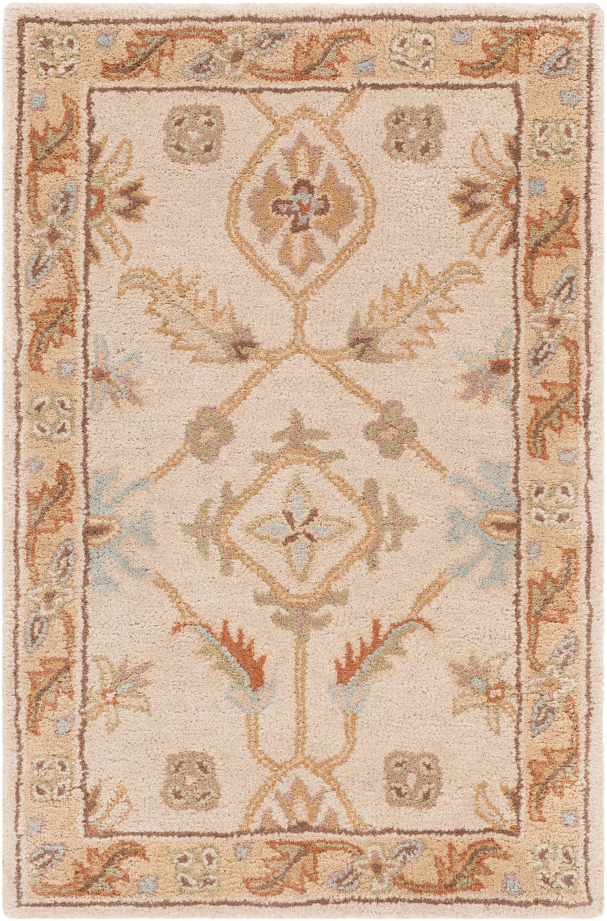 Carthage Beige hand-tufted wool rug with traditional floral patterns and neutral tones.