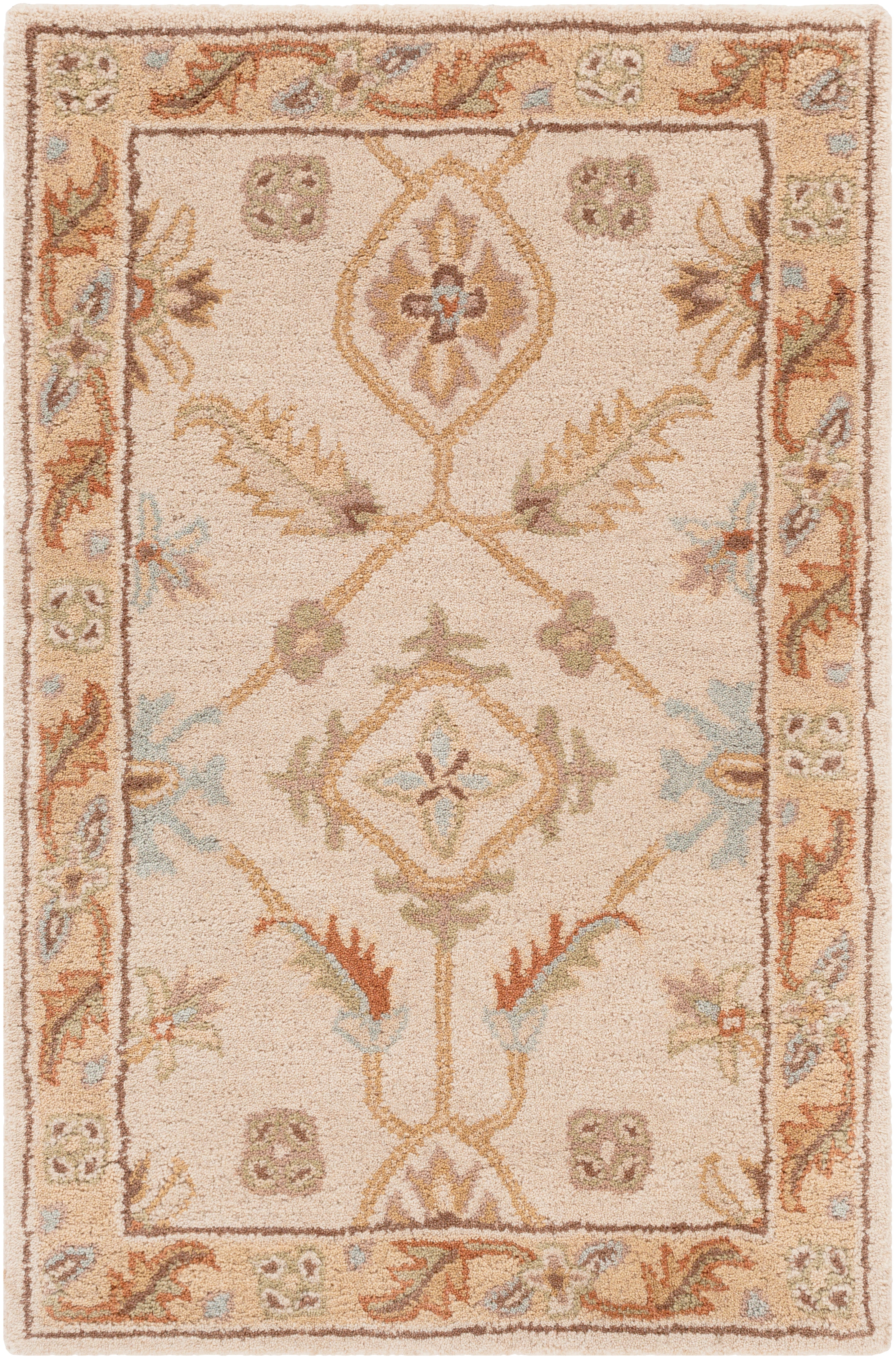 Carthage Beige hand-tufted wool rug with traditional floral patterns and neutral tones.