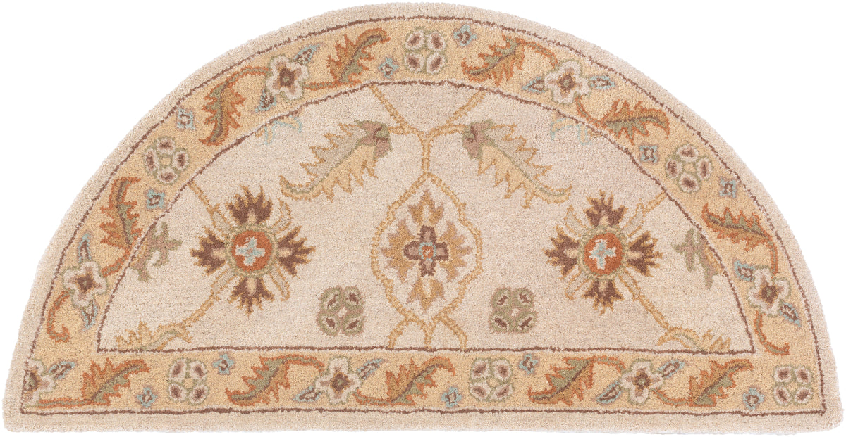 Carthage Beige half-circle hand-tufted wool rug with traditional floral patterns.