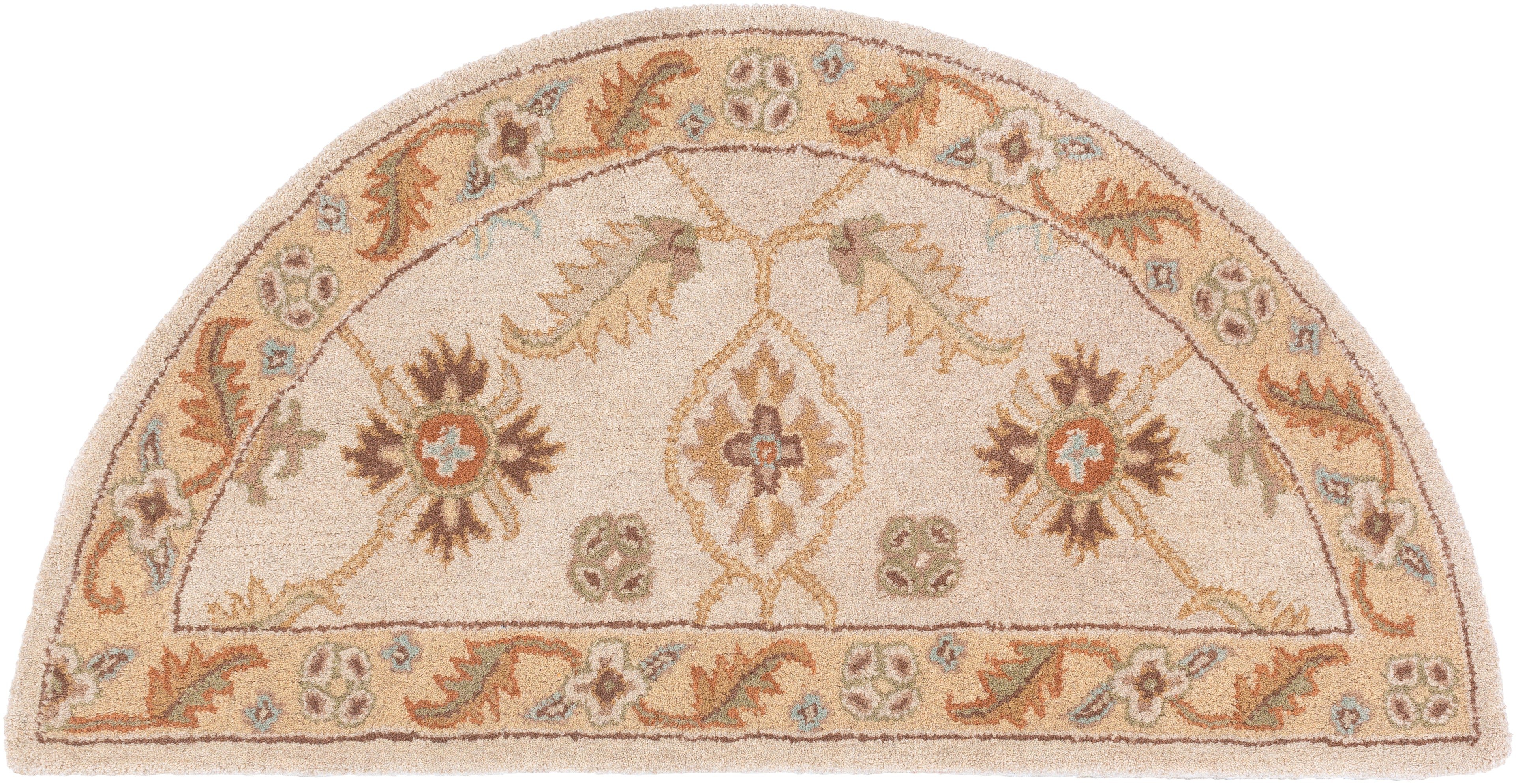 Carthage Beige half-circle hand-tufted wool rug with traditional floral patterns.