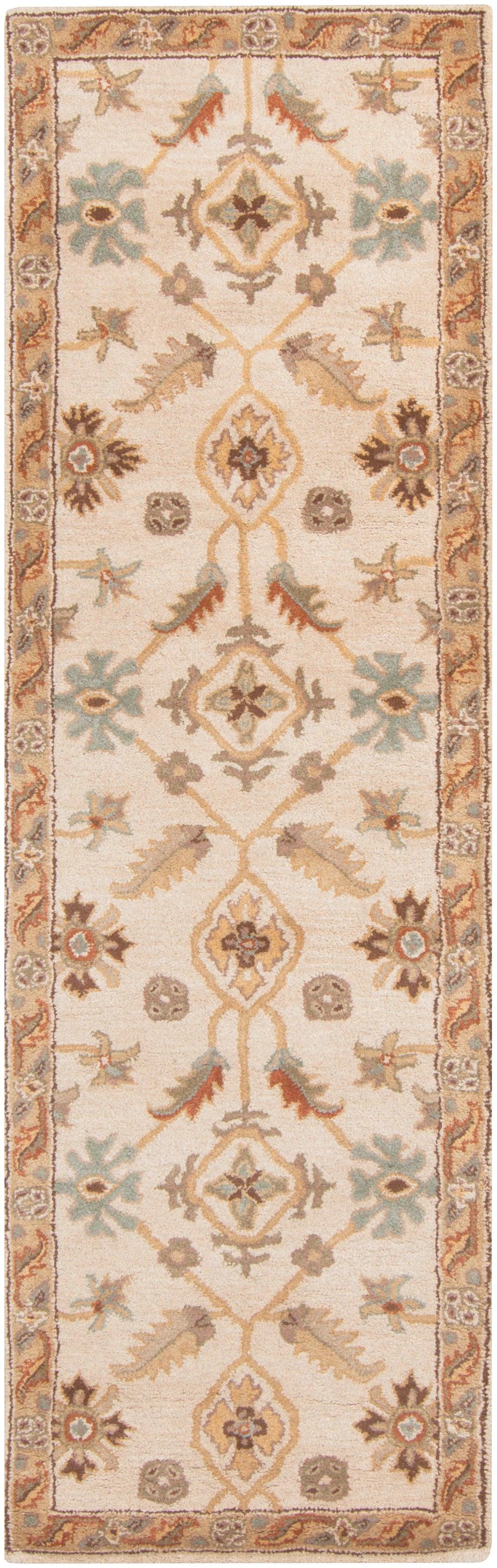 Carthage Beige hand-tufted wool runner rug with traditional floral patterns.