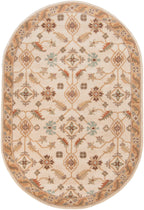 Oval Carthage Beige hand-tufted wool rug with traditional floral patterns and borders.
