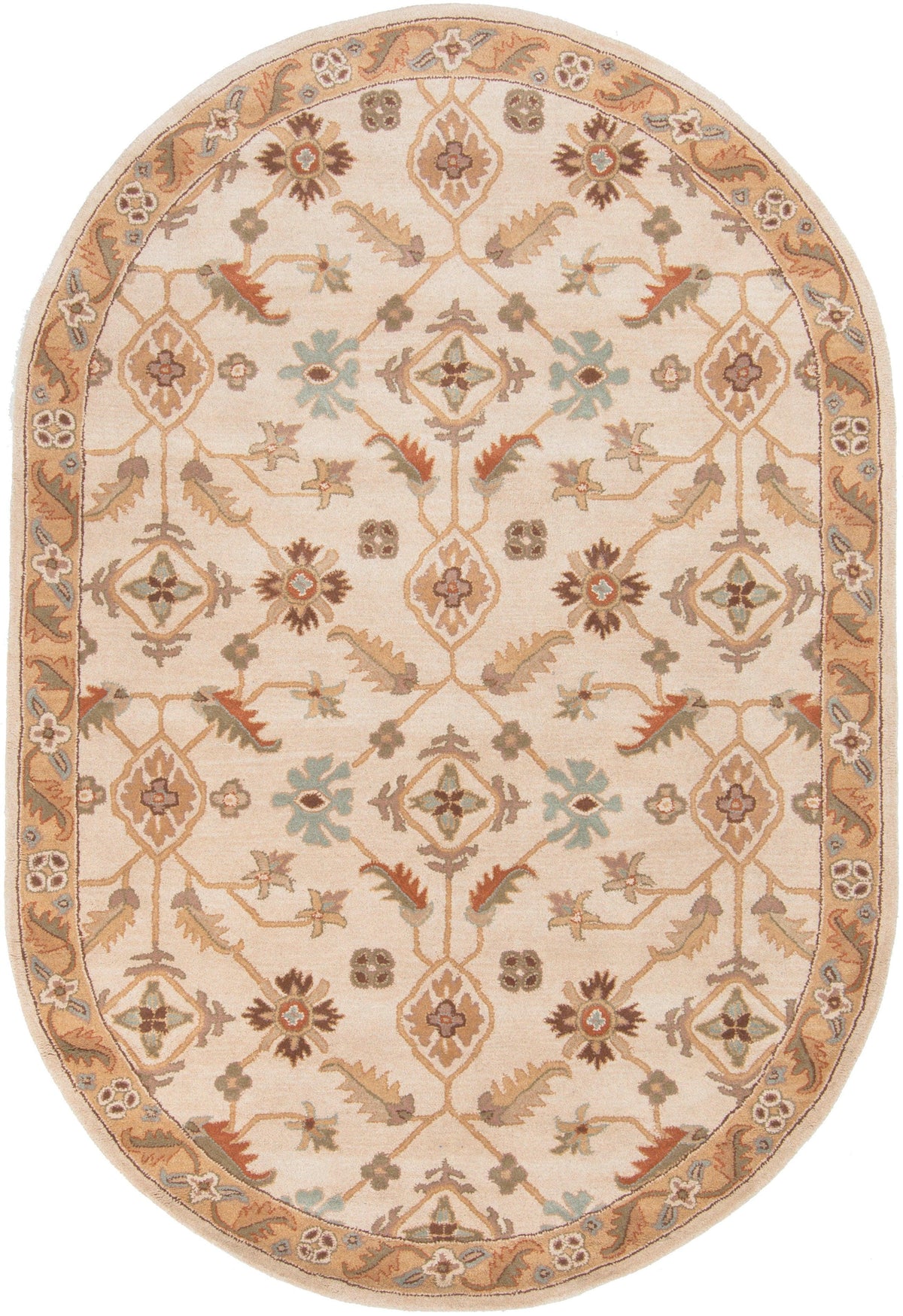 Oval Carthage Beige hand-tufted wool rug with traditional floral patterns and borders.