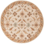 Round Carthage beige hand-tufted wool rug with traditional floral patterns