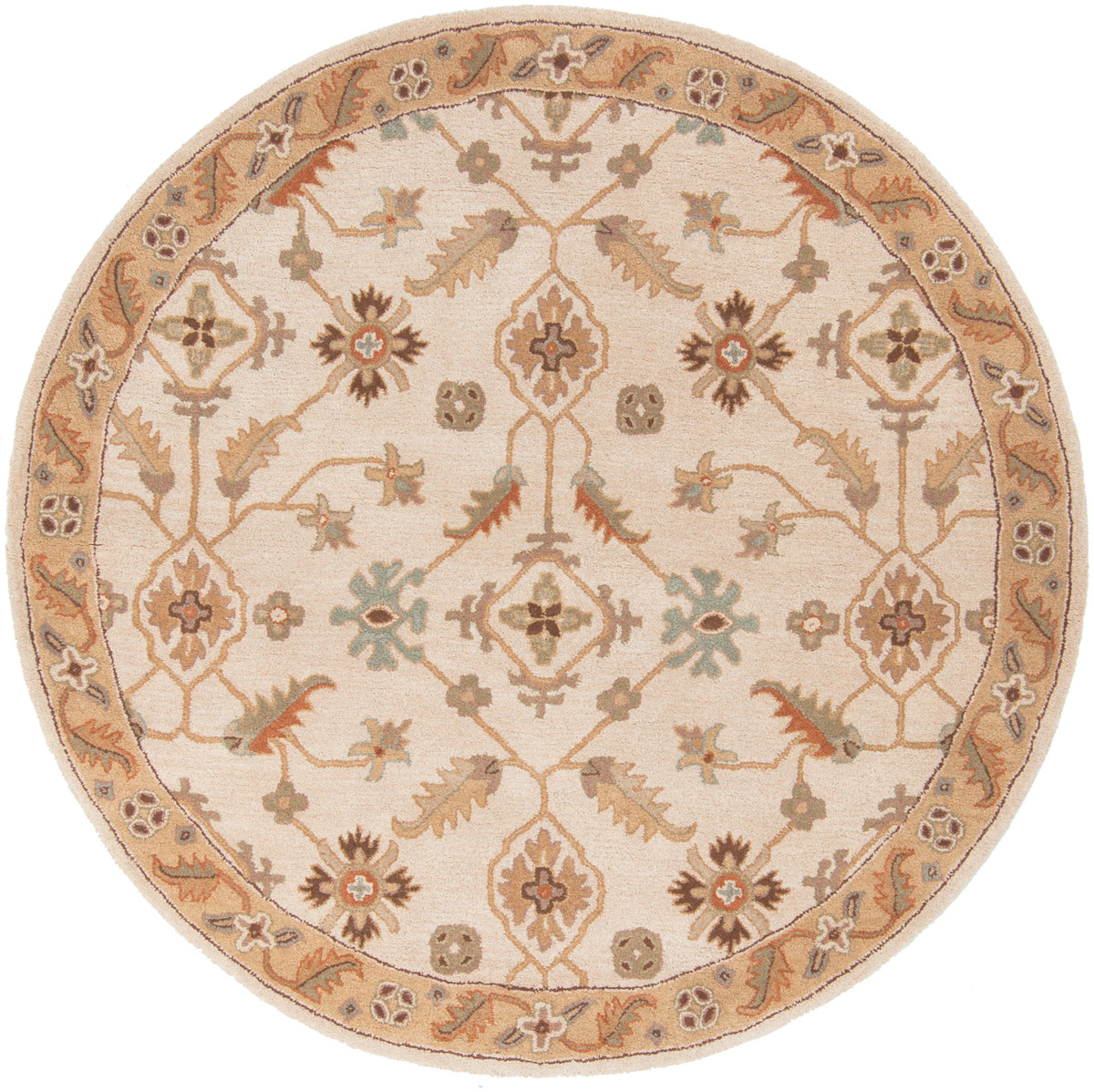 Round Carthage beige hand-tufted wool rug with traditional floral patterns