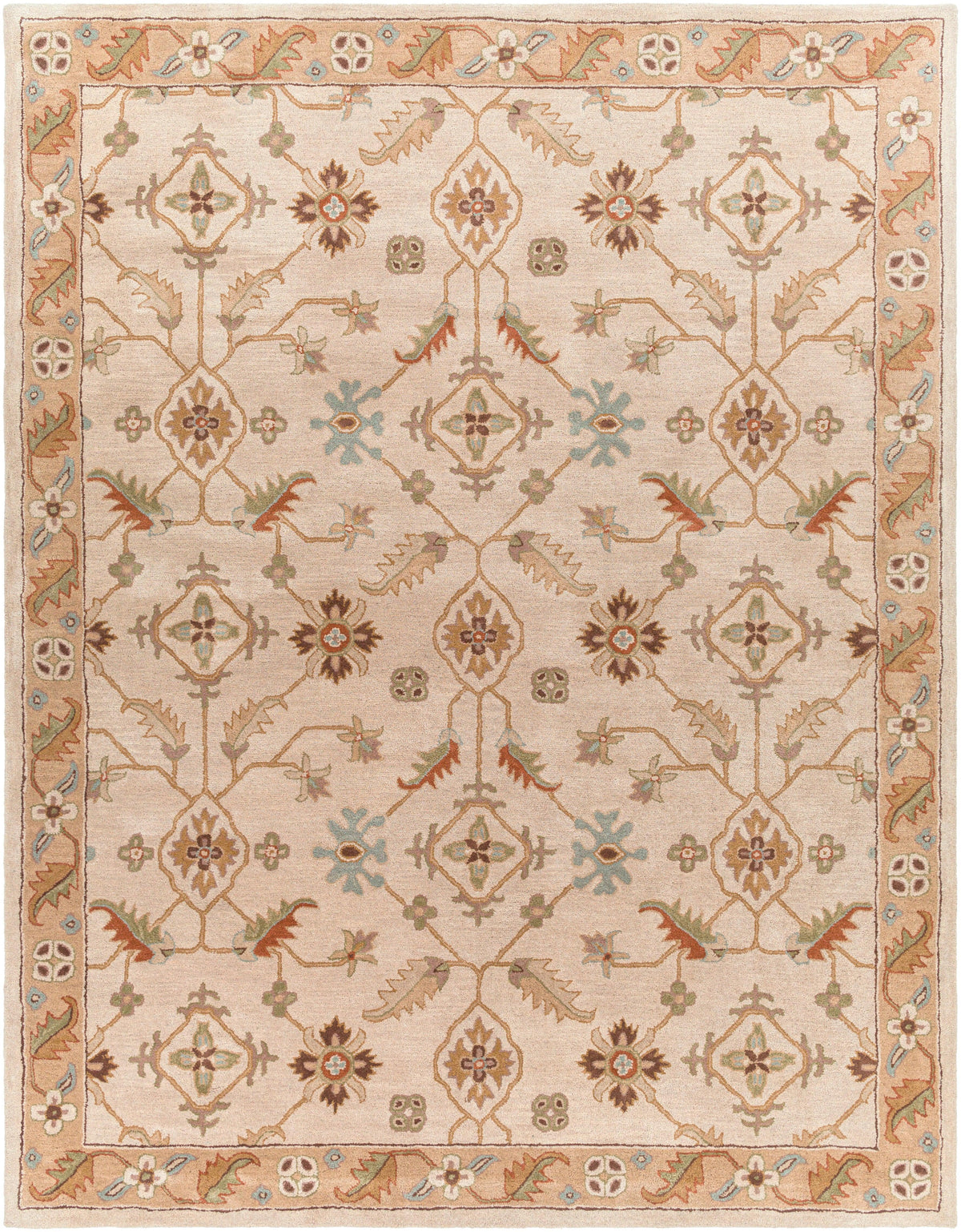 Carthage Beige hand-tufted wool rug with traditional floral patterns and neutral tones.