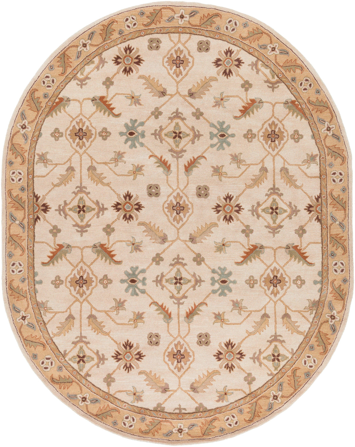 Oval Carthage Beige hand-tufted wool rug with traditional floral patterns and borders.