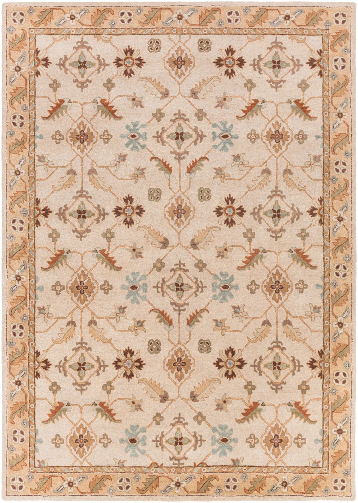 Carthage Beige hand-tufted wool rug with traditional floral patterns.