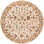 Round Carthage Beige hand-tufted wool rug with traditional floral patterns.