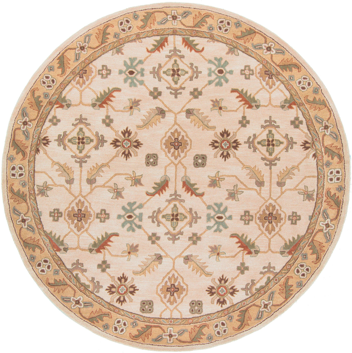 Round Carthage Beige hand-tufted wool rug with traditional floral patterns.