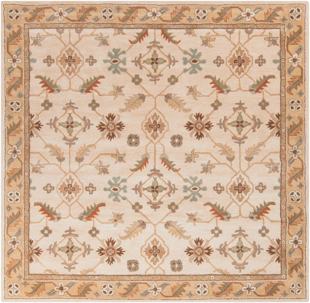 Carthage beige hand-tufted wool rug with traditional floral patterns and borders.