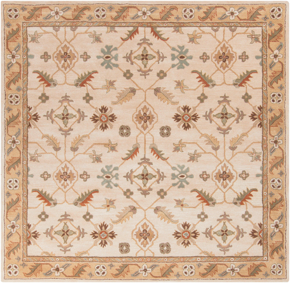Carthage beige hand-tufted wool rug with traditional floral patterns and borders.