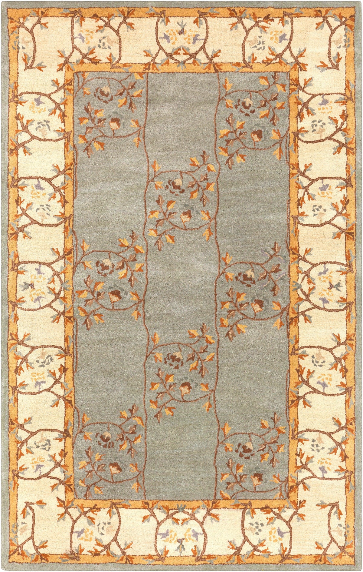 Corinth Azure hand-tufted wool rug with a light blue center and cream floral border.