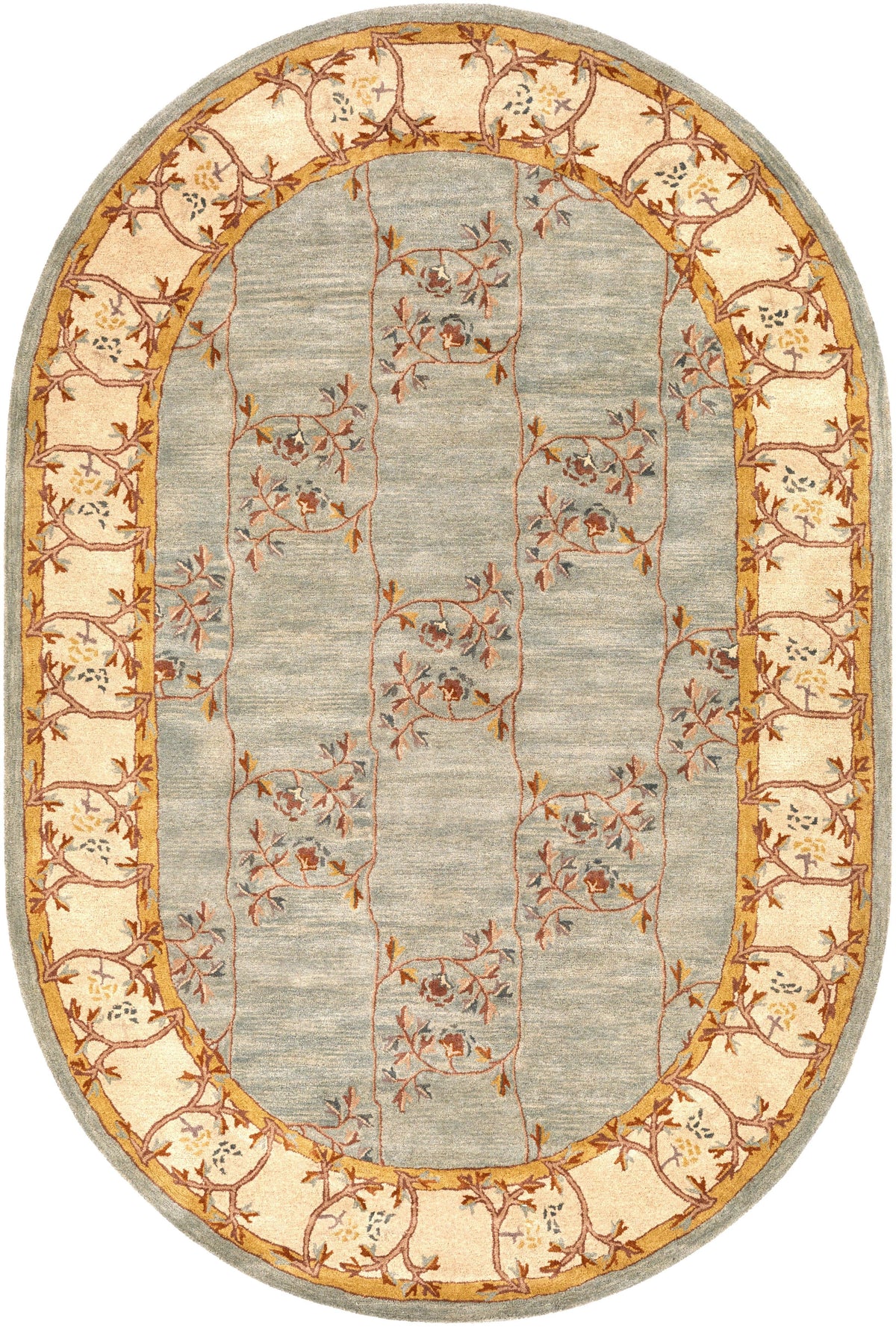Oval Corinth Azure hand-tufted wool rug with light blue center and floral border.