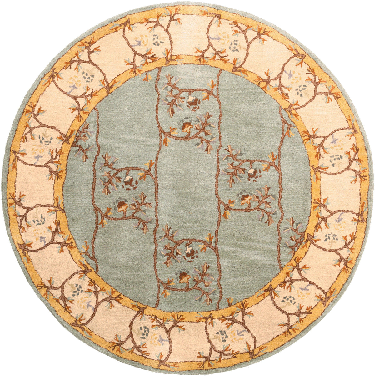 Round Corinth Azure hand-tufted wool rug with light blue center and beige floral border.