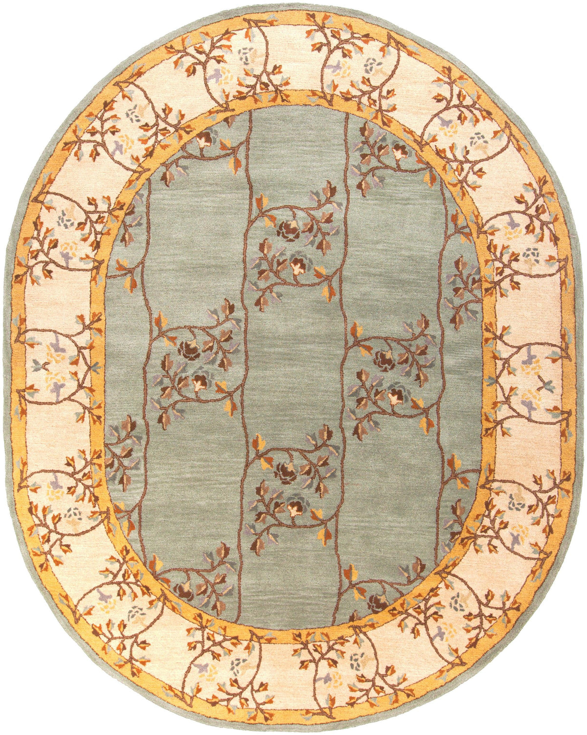 Oval Corinth Azure hand-tufted wool rug with a light blue center and floral border.