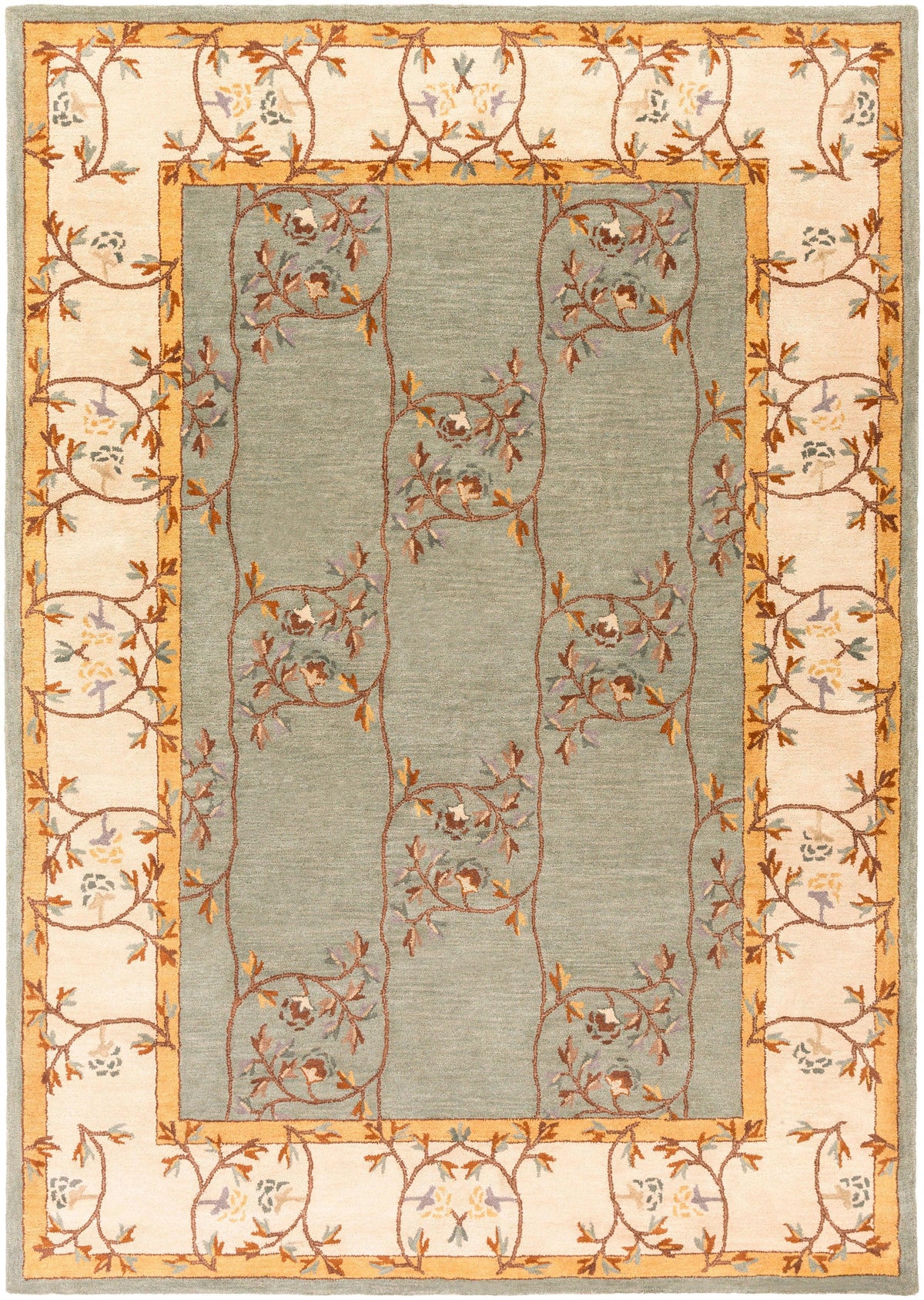 Corinth Azure hand-tufted wool rug with light blue center and cream floral border.