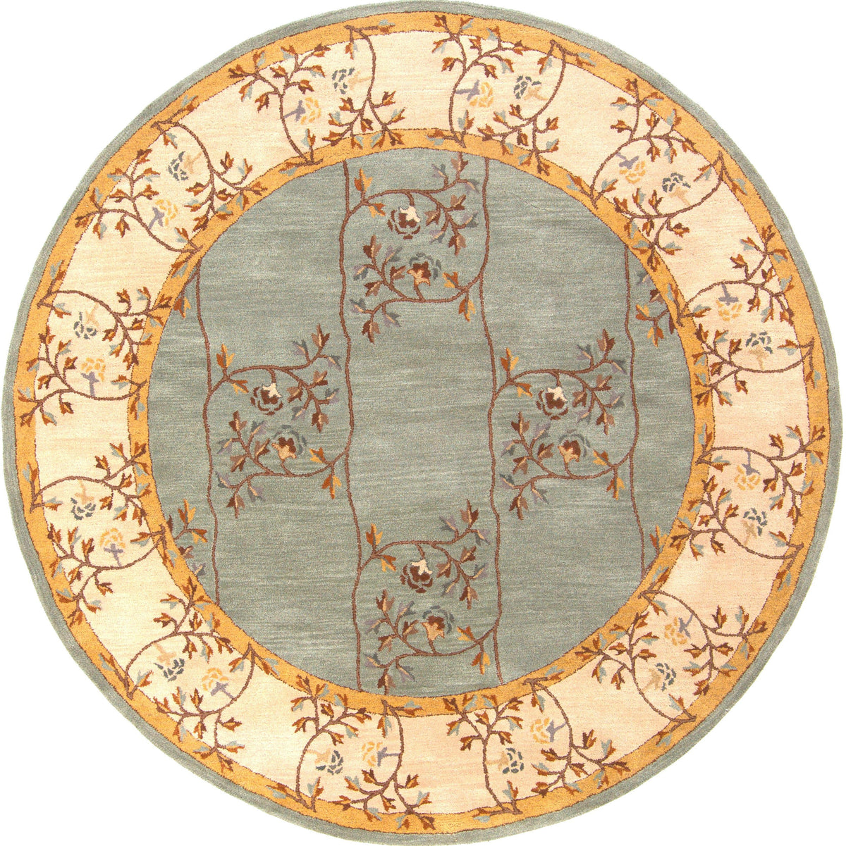 Round Corinth Azure hand-tufted wool rug with a light blue center and floral border.